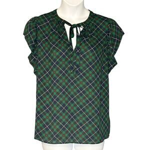 NEW Tommy Hilfiger Ruffle Short Sleeve Blouse Medium Tie V-Neck Blue Green Plaid
